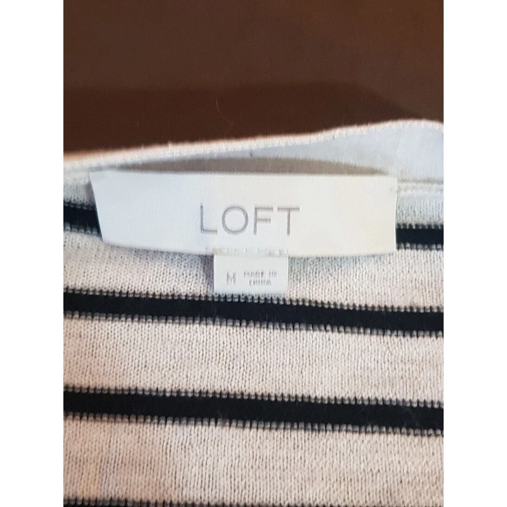 Loft Womens  Sweater Medium Cardigan Button Down Striped Beige Wool Blend Ribbed - Picture 8 of 12